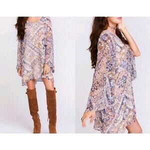 Show Me Your MuMu Sheer Bell Sleeve Boho Pattern Dress Mini Lined Bohemian Flowy